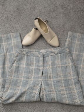 H&M Plaid Wide-Leg Trousers in Light Blue and Cream